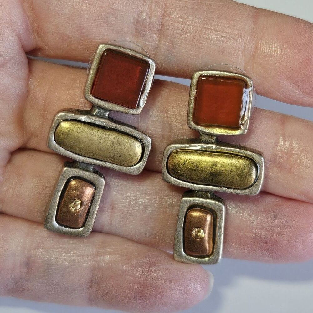 Chico's Silver Tone Chunky Orange Gold Copper Rectangular Earrings